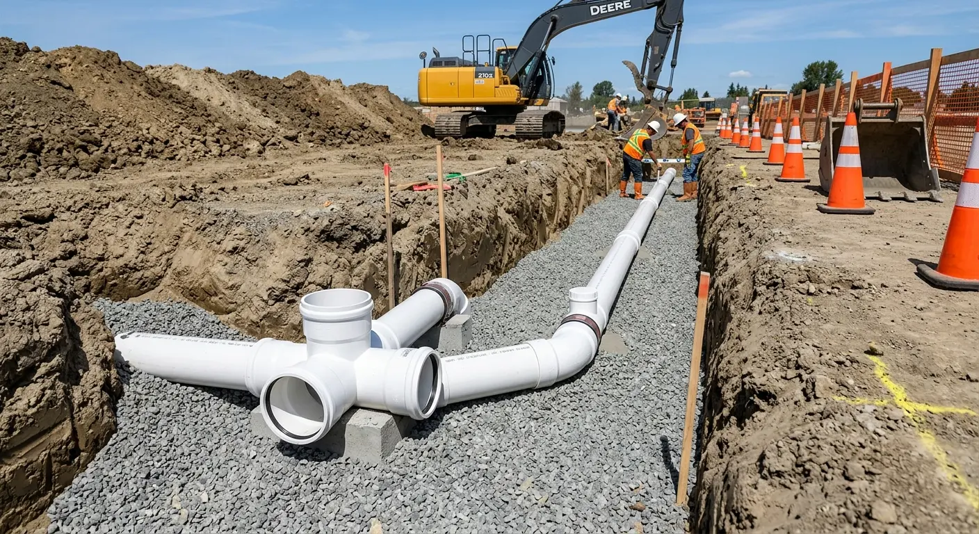 New PVC sewer pipe installation in open trench for Commercial Drain Cleaning in Santa Paula
