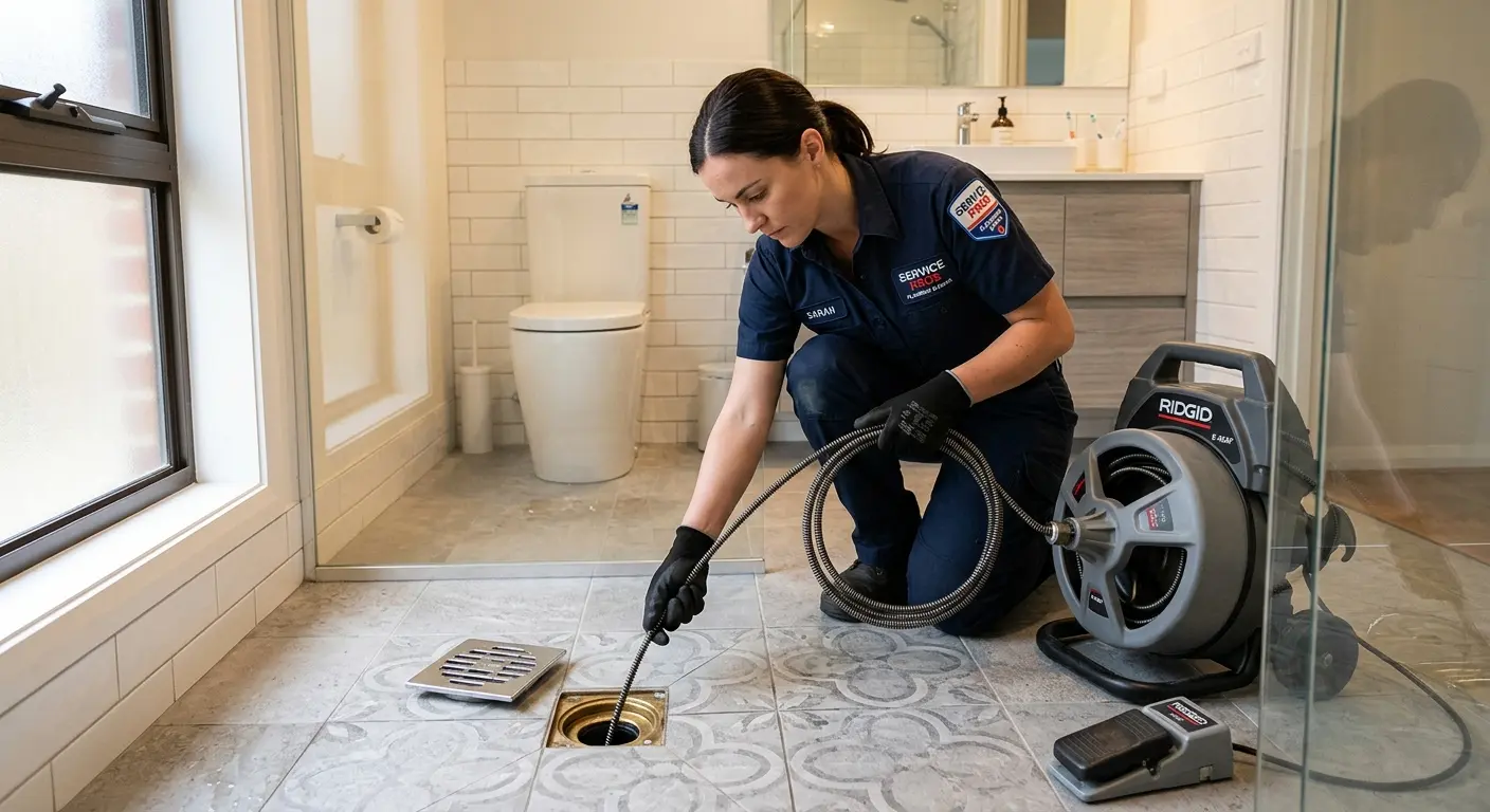 Technician clearing a bathroom floor drain for Hydro Jetting in Santa Paula